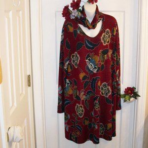 WATERMELON 3X Burgundy Floral Print Choker Neck Dress Long Sleeve